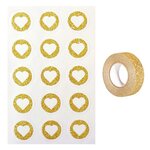 60 stickers ronds Ø 2 6 cm avec coeur doré à paillettes + masking tape doré à paillettes 5 m