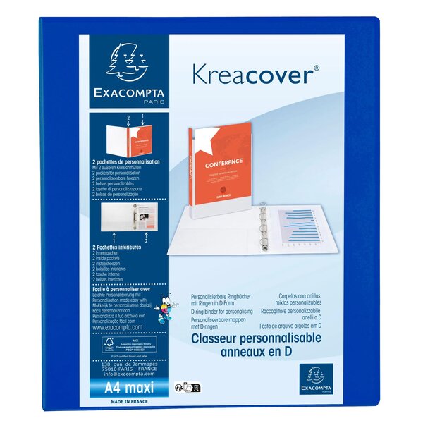 Classeur Pp Personnalisable Kreacover - 4 Anneaux En D 25mm - A4 Maxi - Bleu - X 10 - Exacompta