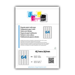 Lot de 10 planches a4 de 64 étiquettes à bords ronds 45 7 x 16 9 mm en papier blanc 70g/m² multifonction
