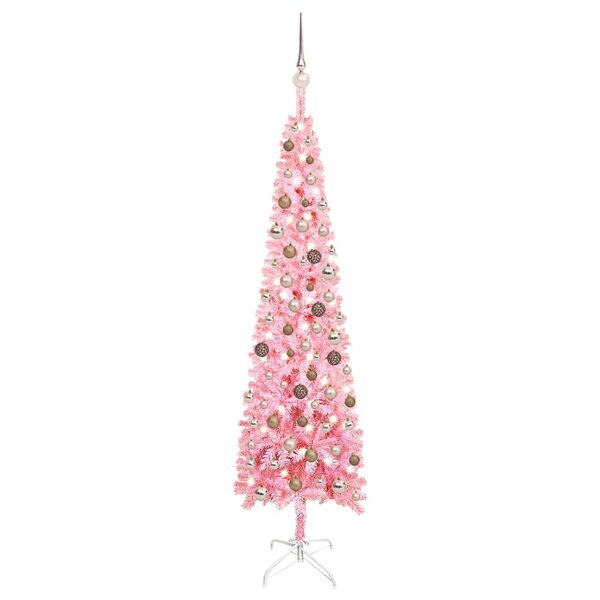 Vidaxl arbre de noël mince avec led et boules rose 180 cm