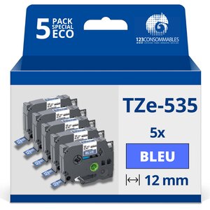 Pack de 5 Rubans adhésifs compatible avec Brother TZe535- Texte blanc sur fond bleu - Largeur 12 mm x 8 mètres
