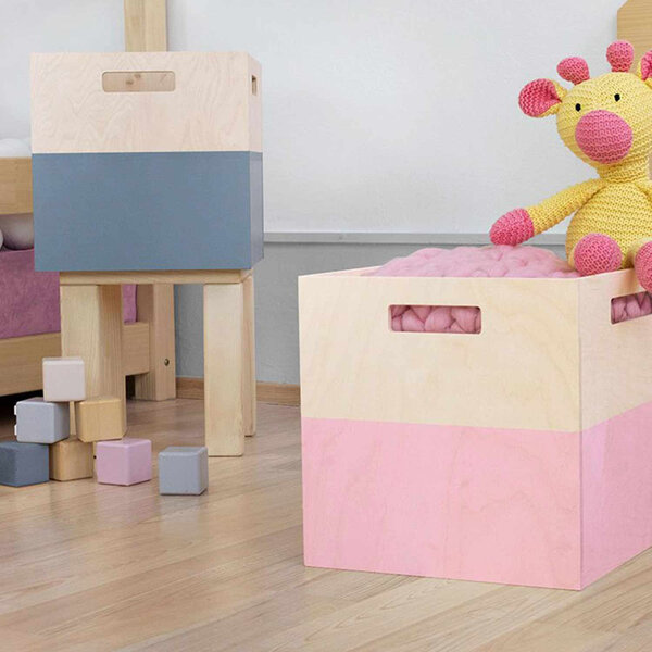 Boîte de rangement bois modèle 1 - poignées - Rose et bois naturel - 33 x 33 x 37 cm