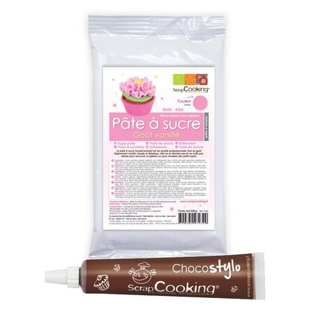 Pâte à sucre rose arôme vanille + Stylo chocolat