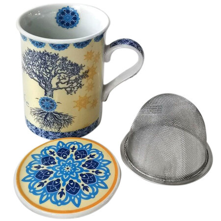 Mug jaune arbre de vie bleu avec infuseur