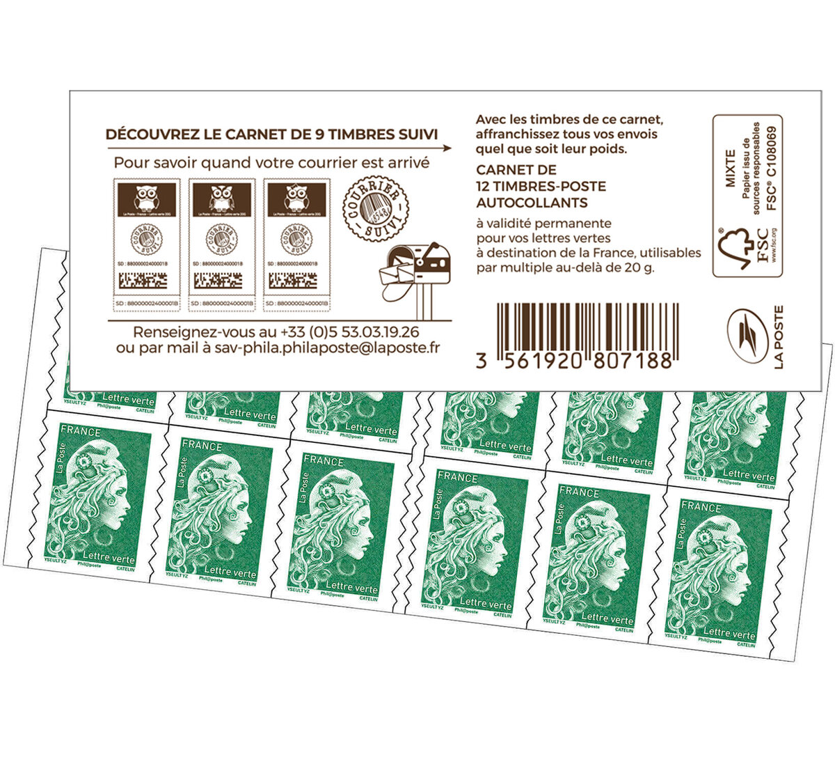 Carnet 12 timbres Marianne l'engagée - Lettre Verte - Couverture Carnet de  timbres suivis - La Poste