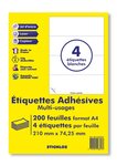 200 planches a4 - 4 étiquettes 210 mm x 74,25 mm autocollantes blanche par planche pour tous types imprimantes - jet d'encre/laser/photocopieuse