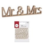 Mot en bois MDF 24 cm Mr & Mrs + Ficelle dorée & blanche 15 m