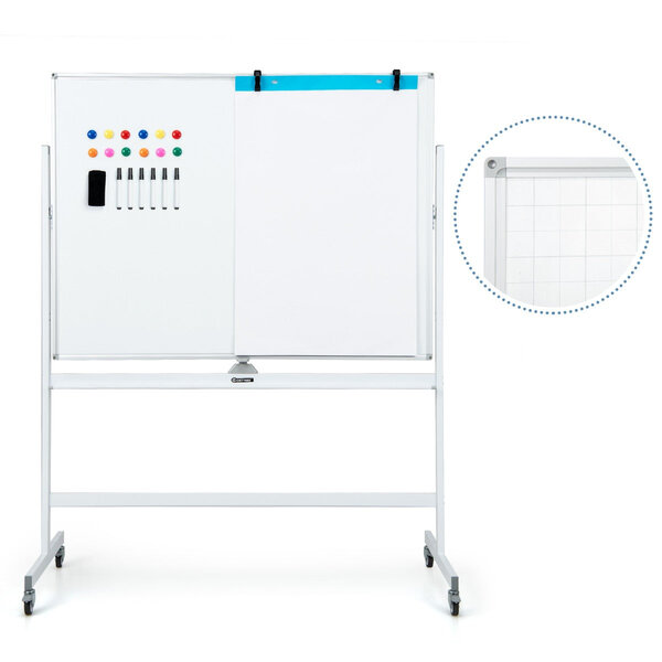Tableau blanc mobile magnétique double face quadrillé 120 x 90 cm tableau réversible effaçable à sec 2 hauteurs réglables 12 aimants 6 stylos blanc 20_0006554