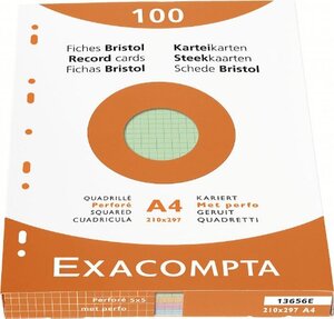 Étui de 100 fiches bristol quadrillé 5x5 perforé 210x297mm Couleurs assorties EXACOMPTA
