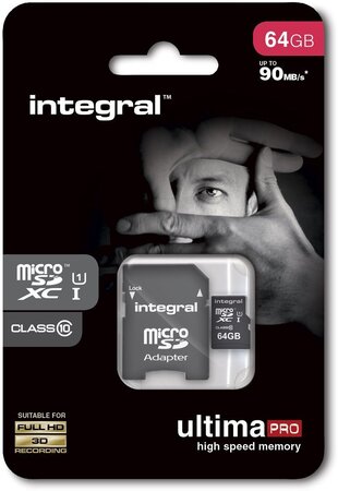 Carte mémoire Micro SD Integral UltimaPro 64 Go Class 10 + adaptateur SD (90Mo/s)