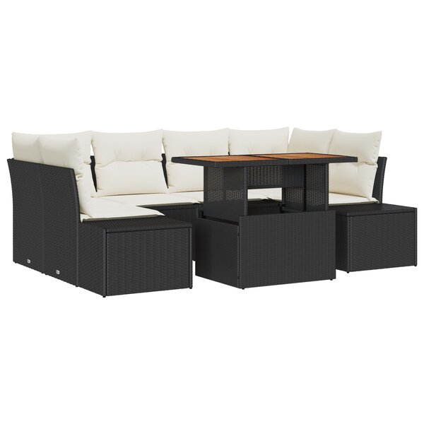 vidaXL Ensemble de salle à manger de jardin 7 pièces avec coussins en poly rotin noir et acacia