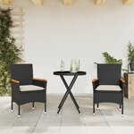 vidaXL Ensemble de bistro avec coussins 3Pièces noir résine tressée verre