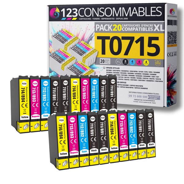 123CONSOMMABLES - T0715 - Pack pour Epson T0715 T0711 T0712 T713 T0714 - Cartouches Compatible avec Epson Stylus SX218 SX400 SX510W SX515W DX7450 DX8450 (8 Noir / 4 Cyan / 4 Magenta / 4 Jaune)