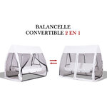 Balancelle de jardin convertible 3 places grand confort : matelas assise dossier  moustiquaire intégrale zippée avec toit   pochette rangement métal époxy polyester blanc