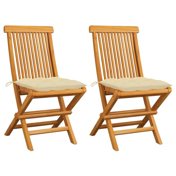 vidaXL Chaises de jardin lot de 2 et coussins blanc crème Teck massif