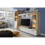 Ensemble meuble TV LOGO - 1 Porte - LED - Mélamine chêne clair et blanc mat - 240 x 41 x 185 cm