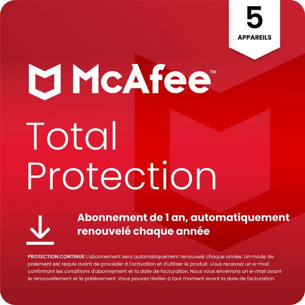 McAfee Total Protection - 5 appareils - Abonnement 1 an - Renouvelé automatiquement chaque année
