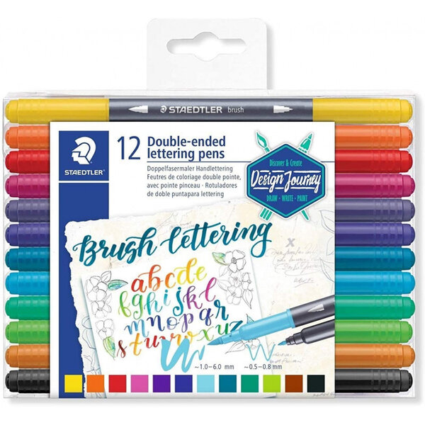 Boîte de 12 crayons feutre de calligraphie - double pointe - assortis - brush letter duo 3004 staedtler
