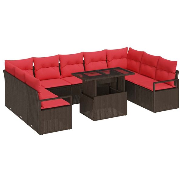 vidaXL Ensemble de canapé de jardin 10 Pièces Marron et rouge Poly rotin