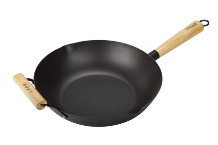 Wok avec poignée en bois et poignée auxiliaire - 24 cm - Compatible toutes plaques de cuisson