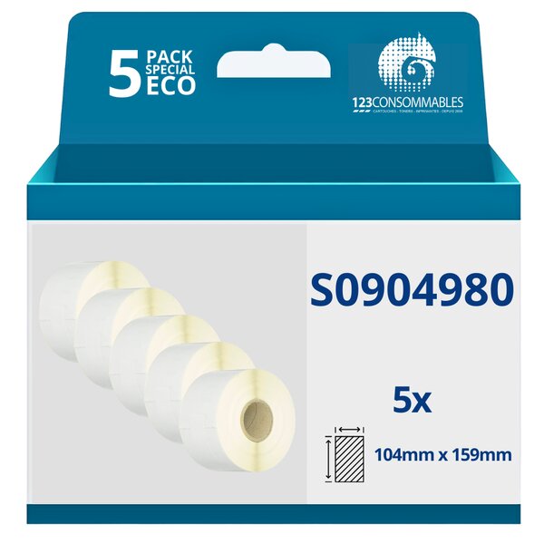 123CONSOMMABLES - Pack de 5 Rouleaux étiquettes compatible avec DYMO LABELWRITER 4XL (S0904980) 104 mm x 159 mm