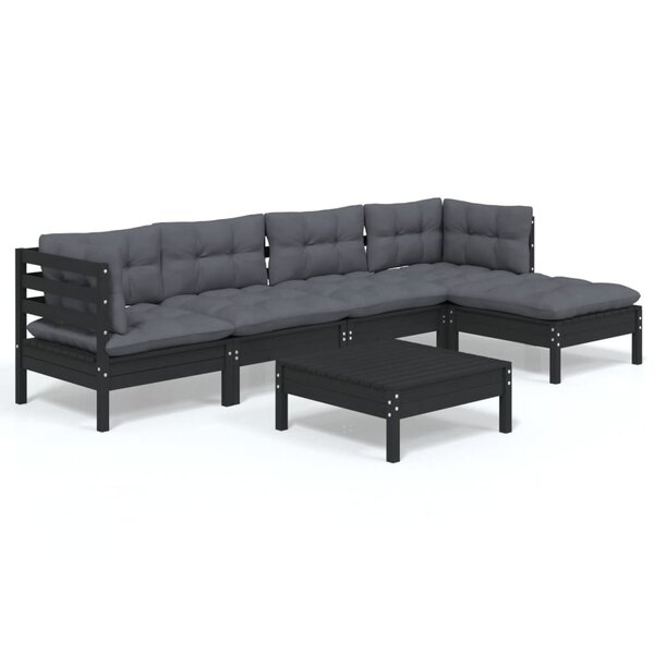 vidaXL Salon de jardin 6 Pièces avec coussins Noir Bois de pin