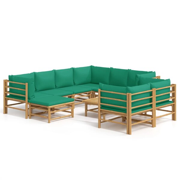 Salon de jardin meuble d'extérieur ensemble de mobilier 10 pièces avec coussins vert bambou 02_0015191