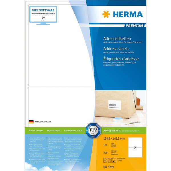 Boite de 200 etiquettes universelles premium 199,6 x 143,5mm blanc herma