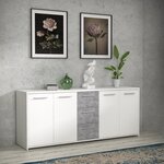 Buffet bas 4 portes 3 tiroirs - Blanc et décor gris béton - L 179 x P 42 x H 74,5 cm