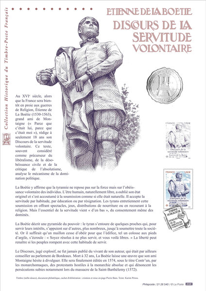 Document philatélique - Discours de la servitude volontaire - Etienne de La Boétie
