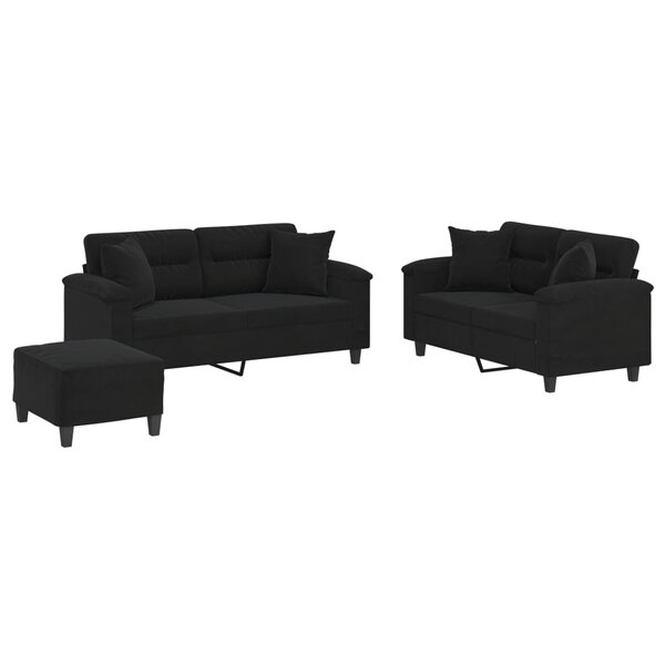 vidaXL Ensemble de canapés 3 Pièces avec coussins Noir Tissu microfibre