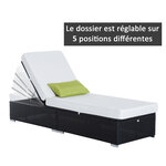 Bain de soleil transat grand confort 195l x 68l x 31h cm dossier inclinable multi-positions matelas épaisseur 10 cm crème résine tressée 4 fils noir