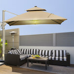 Parasol déporté LED carré double toit inclinable pivotant 360° manivelle piètement acier dim. 3L x 3l x 2 66H m beige