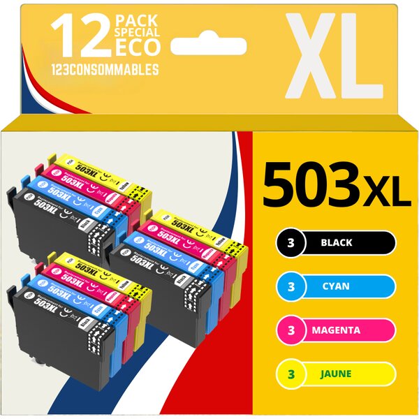 123CONSOMMABLES - 503XL -  Cartouches d'encre Compatible pour Epson 503 XL pour Epson Expression Home XP-5200 XP-5205 Workforce WF-2960DWF WF-2965DWF (Pack de 12)