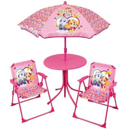 FUN HOUSE PAT'PATROUILLE Salon de jardin - 1 table 46xø46 cm, 2 chaises H.53xl.38,5xP.37,5cm et 1 parasol