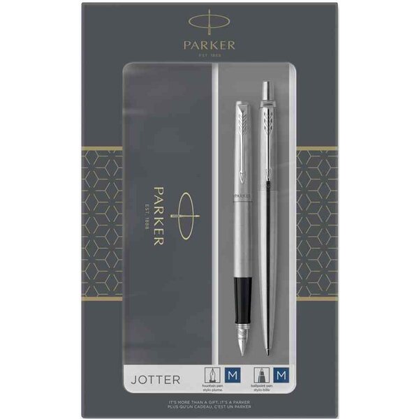 Coffret de 2 Stylos JOTTER en acier : pointes Bille moyenne et Plume moyenne PARKER