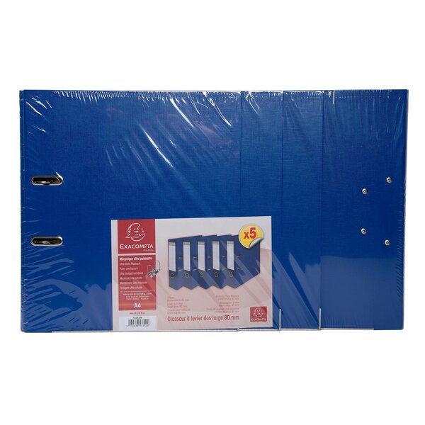 Lot De 5 Classeurs À Levier Intérieur Et Extérieur En Polypropylène - Dos De 80mm - Mécanique Prem'touch - A4 - Bleu Foncé - Exacompta