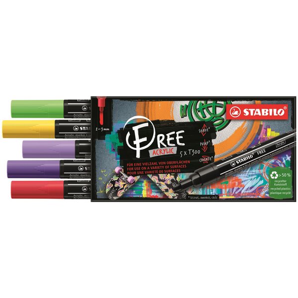 Etui carton 5 marqueurs pointe moyenne FREE acrylic T300 Set 4 'Vibrant' STABILO
