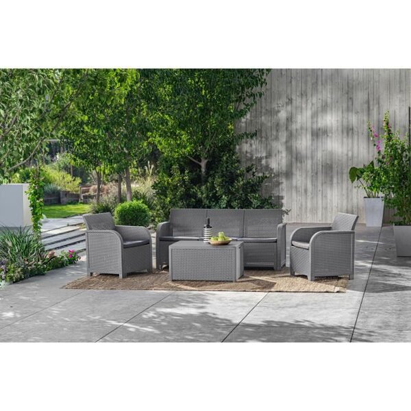 ALLIBERT by KETER - Salon de jardin SanRemo Storage 5 places - table basse coffre range-coussins - imitation rotin tressé - gris