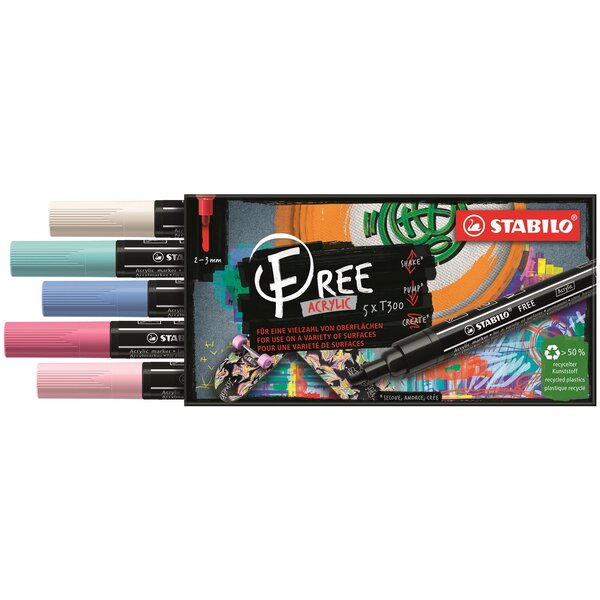 Etui carton 5 marqueurs pointe moyenne FREE acrylic T300 Set 1 'Candy' STABILO