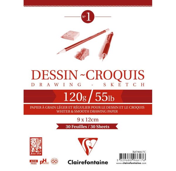 Bloc 30 Feuilles Dessin - Croquis Spiralé 9x12 cm 120g Blanc CLAIREFONTAINE