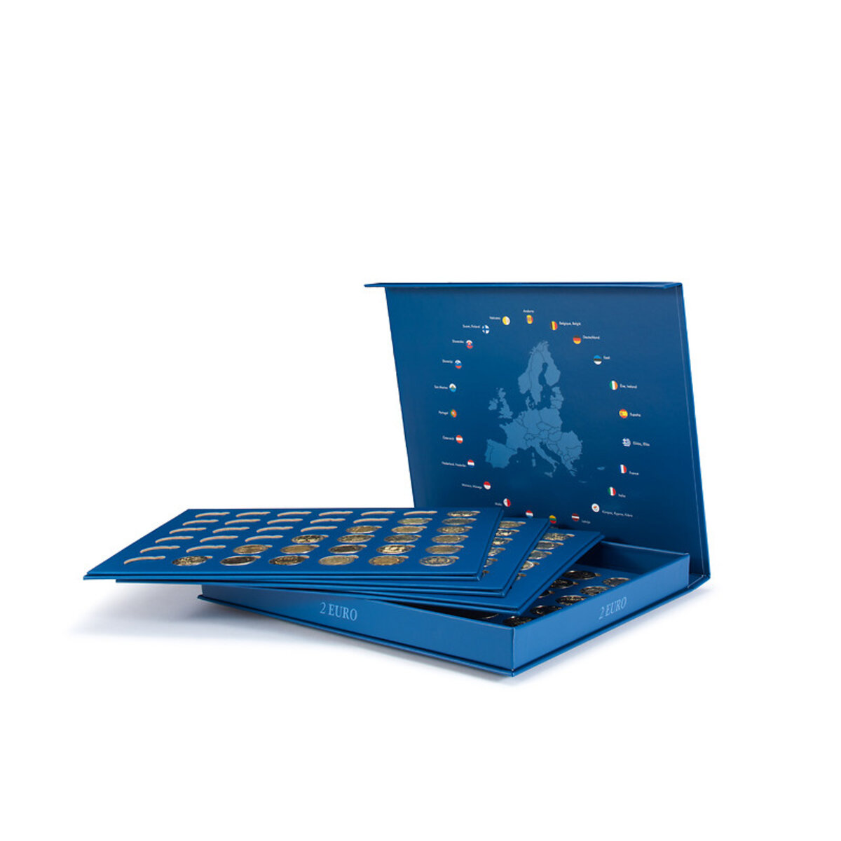 Coffret Vitrine SAFE En Bois Massif – 40 Pièces Commémoratives 2 Euros – Velours Bleu Roi – Verre Et Serrure Laiton – 375x260x30mm
