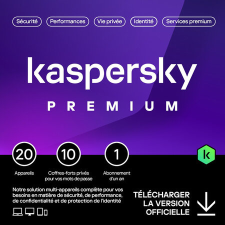 Kaspersky Premium - Licence 1 an - 20 appareils - A télécharger