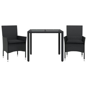 vidaXL Ensemble à manger de jardin et coussins 3 Pièces noir rotin verre