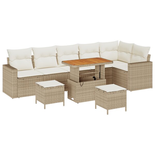 Ensemble de Canapé de Jardin 9 Pièces avec Coussins Beige Poly Rattan Acacia