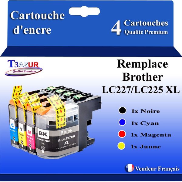 T3AZUR -Lot de 4 Cartouches compatibles avec Brother LC225XL   LC227 XL pour Brother DCP-J4120DW  MFC-J4420DW