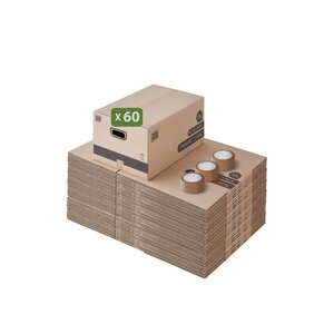 Pack and Move - Lot 60 cartons déménagement M - 60 x 40 x 30 cm - Poignées renforcées - 3 adhésifs offerts
