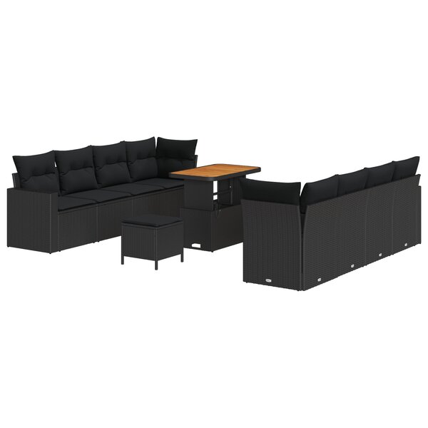 Ensemble de sofa de jardin 11 pièces avec coussins noir poly rotin acacia