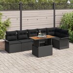 vidaXL Ensemble de Salle à Manger de Jardin de 7 Pièces avec Coussins Noir Rattan Poly Acacia