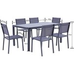 Ensemble repas de jardin 6 personnes Aluminium- Table avec plateau en verre 160x90cm + 6 chaises et assise textilene -  Gris